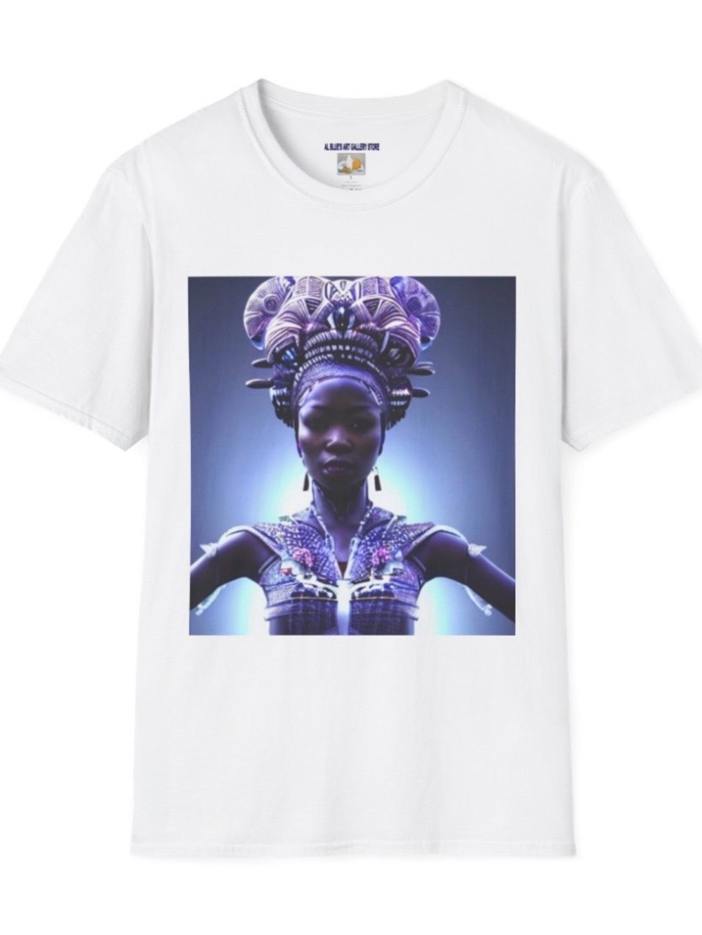 Al Blue Designed ,White Short-Sleeve Tee with Blue-Purple Futuristic Portrait